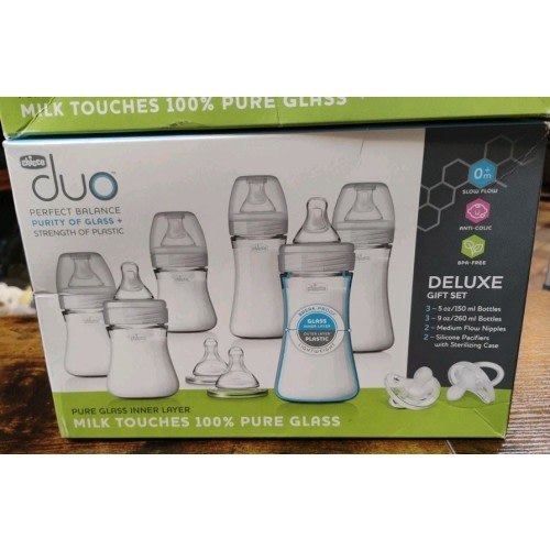 Chicco Duo Deluxe Hybrid Baby Bottle Gift Set 10pc Invinci‑Glass Neutral New Sea
