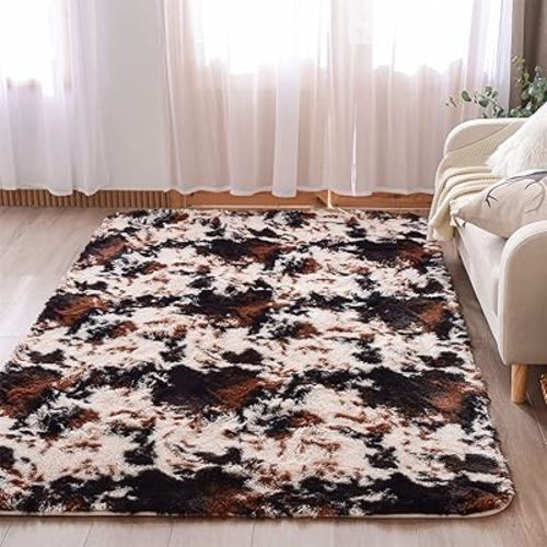 Meeting Story Cow Print Rug Faux Cowhide Rugs Cute Animal Print Carpet Fluffy Shaggy Tie Dye Fuzzy Area Rugs for Living Room Nursery Kids Floor Mat Thick Plush Non-Skid (Coffee-Black, 5 * 7 Feet)