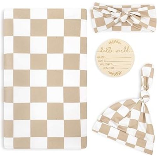 TANOFAR 4-Pack Newborn Swaddle Blanket for Baby Girls & Boys, Ultra Soft Receiving Blankets with Matching Headband and Beanie Set Baby Nursery Swaddle Wrap, Light Brown Checkerboard