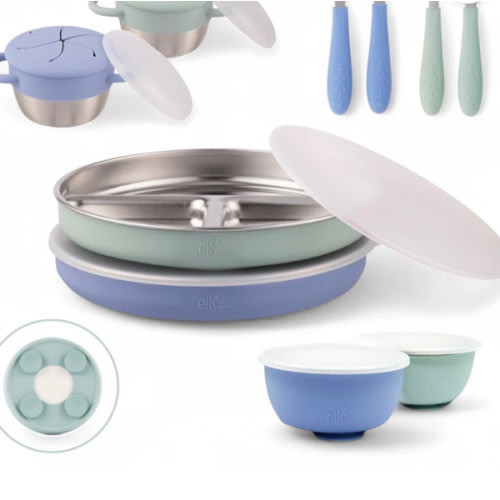 Stainless Steel Mealtime Bundle | Plates, Bowls, Snack Cups + Toddler Utensils | Suction Sleeves | Sage/MistyBlue
