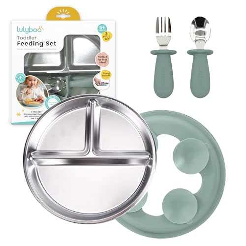 Lulyboo Toddler Feeding Set with Divided Stainless Steel Plate, Silicone Suction Base, & Soft Silicone Spoon & Fork - Montessori-Style, Durable, Easy-to-Clean, Kid-Safe, Perfect for Independent Eating