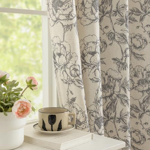 Floral Curtains Linen Curtains 84 Inches Long Light Filtering Privacy Drapes for Living Room Bedroom Vintage Peony Printing Window Treatment Grommet 2 Panels, 50" Wide Each Panel,Taupe