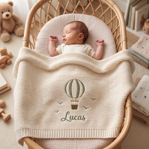 Custom Hot Air Balloon Embroidered Baby Blanket With Name, Personalized Airplane Knitted Throw, Knit Swaddle Nursery Keepsake, Newborn Gift