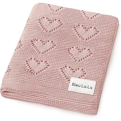 Heirloom Knit Heart Swaddling Blanket for Girls - 100% Luxury Cotton Baby Blanket - Soft Warm Swaddle Receiving Crib Receiving Blanket for Newborns Infants & Toddlers (Pink)