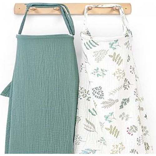 Muslin Nursing Cover for Breastfeeding, Privacy Breathable Breastfeeding Cover with Arch Neckline for Mom, 100% Cotton Nursing Apron, Floral and Green
