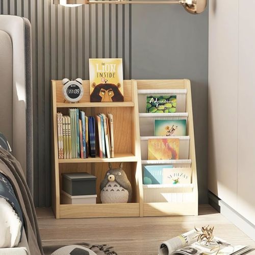 NACHES 3 Tier Kid Bookshelf Wooden 4 Sling Children Bookcase Adjustable Toddler Montessori Rack Display Toy Storage Organizer Book Display Shelf Stand Classroom Bedroom Nursery Playroom(Burlywood)