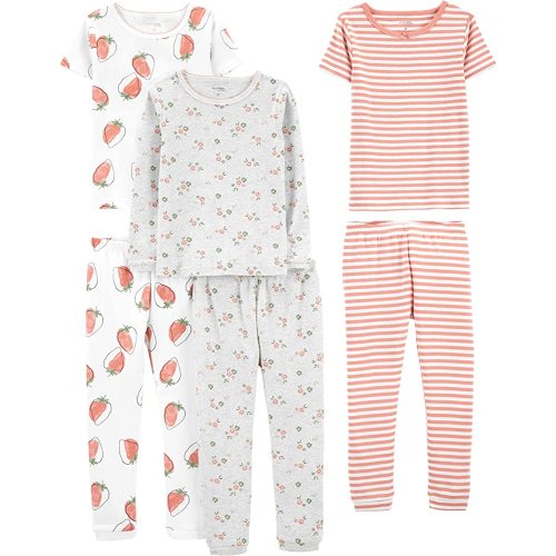 Simple Joys by Carter's Babies, Toddlers, and Girls' 6-Piece Snug-Fit Cotton Pajama Set, Pack of 3