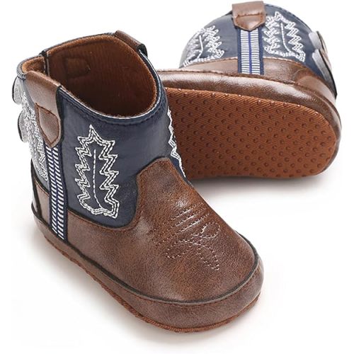 Karwuiio Toddler Baby Boys Girls Western Cowboy Boots First Walker Crib Shoes Soft Sole Non-Slip Moccasins Bootie