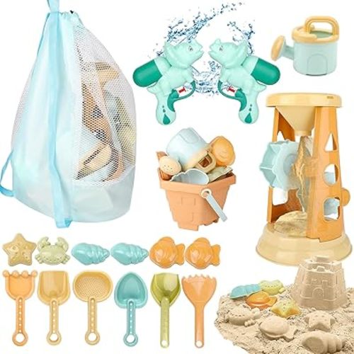 LBAIBB Sand Toys,Beach Toys for Kids,Sandbox Toy, Sand Wheel & Water Wheel Toys,Includes Bucket Shovel and Sand Rake for Beach,Water Guns Toys,Mesh Beach Toy Bag,Sand Toy for Kids Ages 3-13