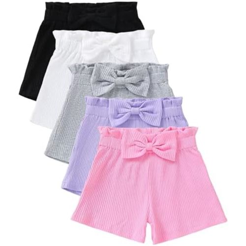 5 Pack Toddler Girls Short Pants, Elastic Waist Cotton Summer Shorts with Bow Decoration