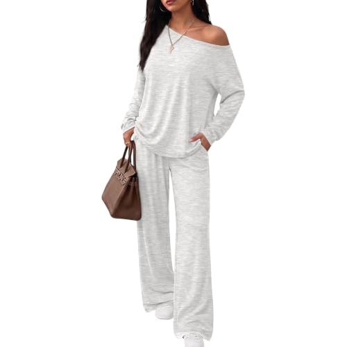 Trendy Queen 2 Piece Lounge Sets for Women 2026 Fall Outfits Sweat Sets | Off The Shoulder Oversized Tshirts & Wide Leg Pants with Pockets, Airport Travel Outfits, Fall Fashion Clothes Matching Sets