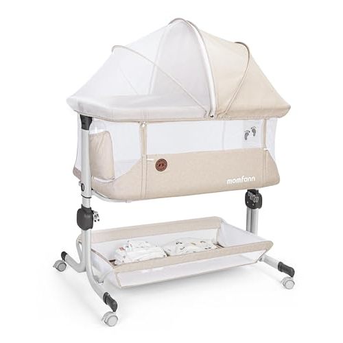 MOMFANN Baby Bassinet Bedside Sleeper, Upgraded Stability Bedside Crib with Full Mesh Sides, Soft Sheet, 6-Height Adjustment, Storage Basket, Easy Folding Portable Bassinet for Newborns, Oatmeal