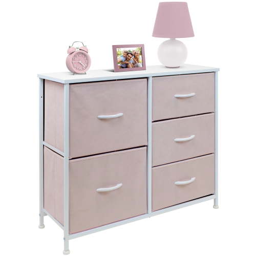 Sorbus 5-Drawer Dresser: Child Storage Chest for Bedroom and Nursery - Wood Top, Pink Fabric Bins
