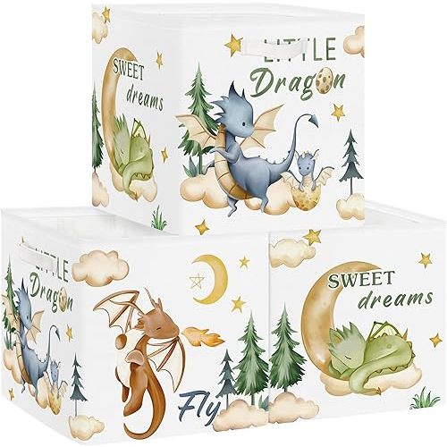 Clastyle 3 pcs Dinosaur Cube Storage Unit Boxes Volcano Kallax Box for Shelves Parents Storage Baskets for Book Clothes Toy Organizer, Dragon, 11.8x11.8x11.8 in