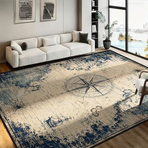 Pirate Map Area Rug, 6x8ft, Vintage Nautical Compass Carpet for Boys Room, Distressed Antique Coastal Decor Playroom Mat, Reduce Noise Washable Rugs for Living Room Indoor