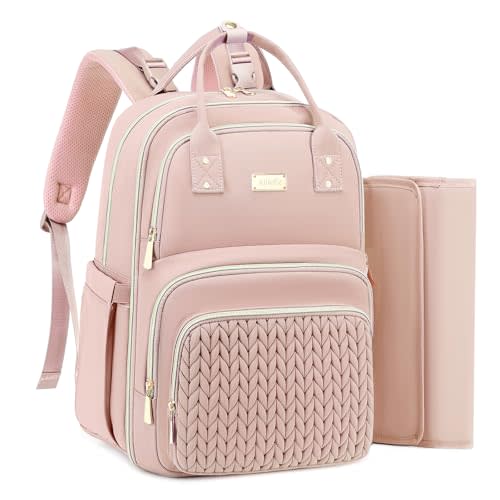 AIJIEKE Quilted Diaper Bag Backpack with Changing Pad & Stroller Straps, Large Baby Bag for Mom and Dad, Travel Backpack Diaper Bag with Insulated Pockets & Wet/Dry Separation, Lightweight, Pink