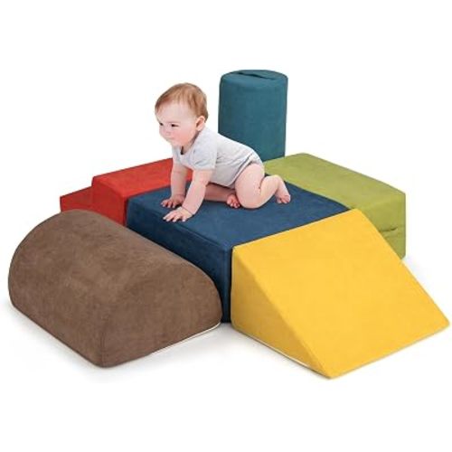Costzon Toddler Climbing Toys Indoor, 6 Pieces Foam Climbing Blocks for Baby w/Skin-Friendly Chenille Fabric, 30D High-Density Foam & Carrying Handles, Soft Play Climbing for Toddler (Assorted)