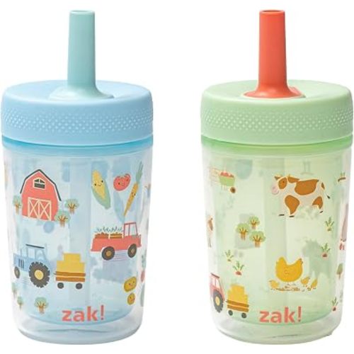 Zak Designs Capri Toddler Tumblers For Travel or At Home, 9oz 2-Pack Double Wall Plastic Sippy Cups With Leak-Proof Design is Perfect For Kids and BPA Free (Barnyard Bunch, Harvest)