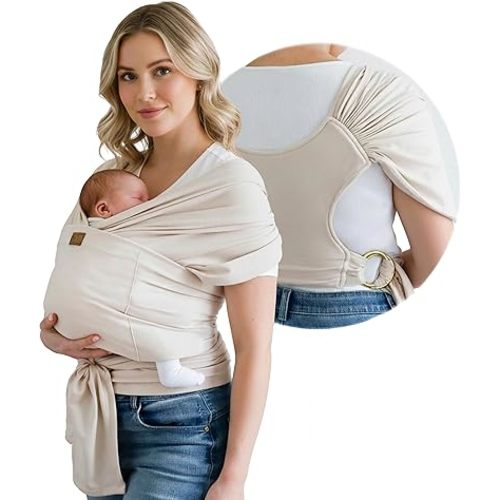 Stylish Beige & Gold Baby Carrier Wrap: Comfortable, Soft & Supportive, Adjustable Ring Sling for Mom & Dad, Ideal for Baby Registry, Newborn to Toddler, Baby Shower