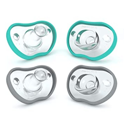 Nanobebe Baby Pacifiers 0-3 Month - Orthodontic, Curves Comfortably with Face Contour, Award Winning for Breastfeeding Babies, 100% Silicone, Baby Registry Gift 4pk,Teal/Grey