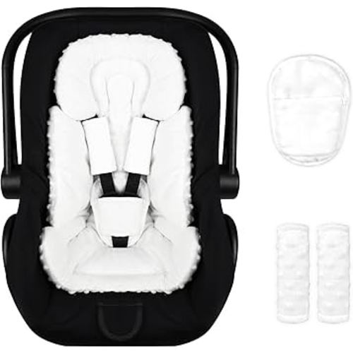 Infant Car Seat Insert Boy Girl, 3 in 1 Newborn Carseat Insert with Strap Pads, Car Seat Head Support for Baby Strollers, Swings, and Bouncers, Comfortable and Machine Washable, White