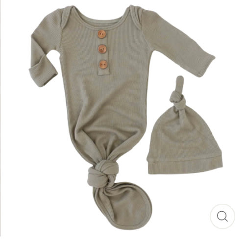 Waffle Bamboo Newborn Baby Knot Gown & Hat Set - Eucalyptus