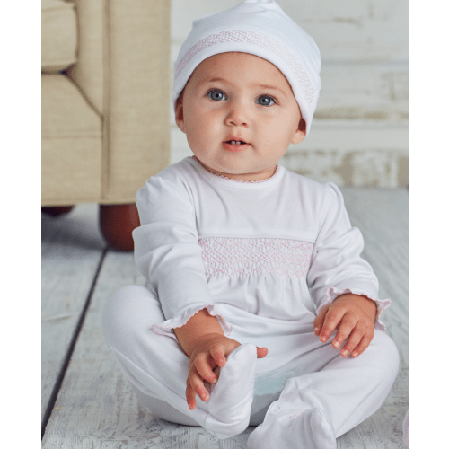 Hand Smocked CLB Charmed White/Pink Footie