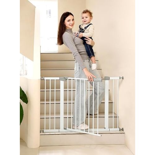 44.72"-46.89" Baby and Pet Safety Gate, 30" Tall Metal Walk-Thru Gate for Doorways & Stairs, Easy One-Hand Open, Dual Lock, Extensions & Wall Mounts Included (White, 29"-46" W x 30.5“H)