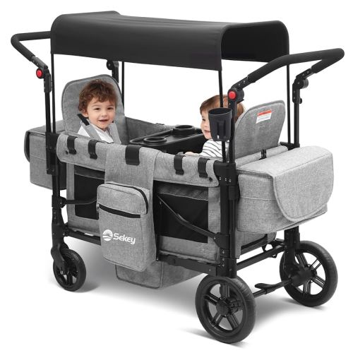 Sekey Wagon Stroller for 2 Kids, Luxury 4-in-1 Stroller Wagon - Premium Quality with Convertible Seats, Adjustable Push Handles, Removable Canopy, Snack Tray & Cooler, US Certified. Gray