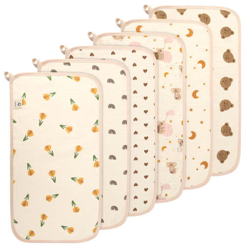 AUQ 6 Pack Large Muslin Burp Cloths for Baby,20" X 11" Cotton Burp Rags,Extra Soft & Absorbent 4 Layers,Cute and Eco-Friendly Prints,Burping Cloths for Newborn