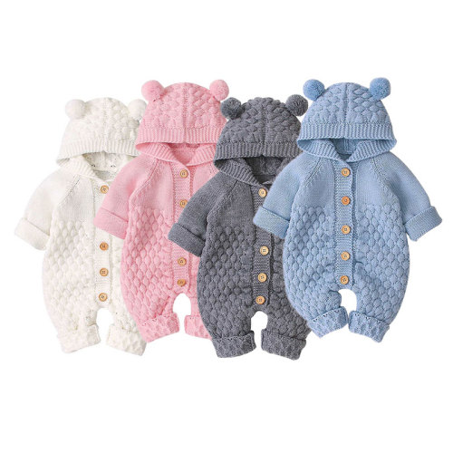 Button Knitted Romper with Cap Outerwear - MyLoveHoney Baby Clothing