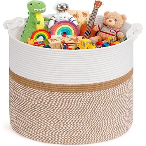 Goodpick 17"x16" Toy Storage for Kids, Home Décor Living Room, Woven Laundry Basket for Blankets Pillows Clothes, Baby Basket for Fall Decorations, White & Camel