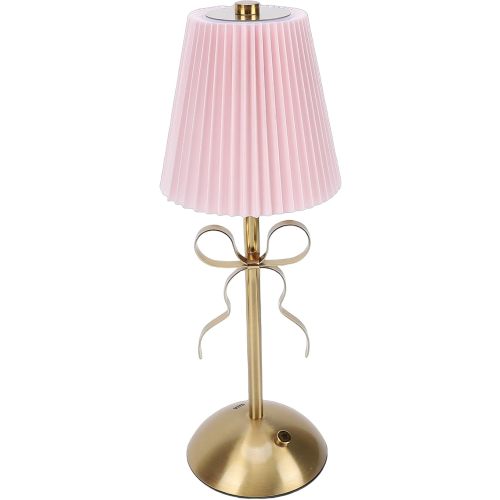 Hyuduo Bow Table Lamp Rechargeable LED Desk Lamp with Fabric Shade 1800mAh Battery Adjustable Brightness & Dimmable Touch Control for Bedroom Living Room Nightstand Dorm (Pink)