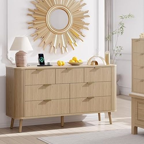 Alohappy Fluted 7 Drawer Dresser with Charging Station, 57" Wide Modern Chest of Drawers, Mid Century TV Stand with Curved Profile Design for Bedroom, Living Room, Entryway, Home Office, Natural Oak