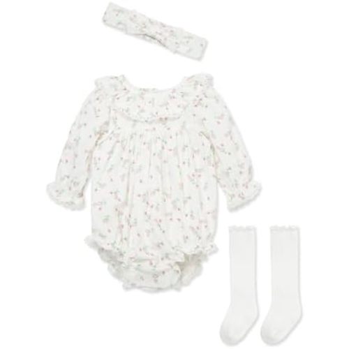 Little Me Clothes for Baby Girls' Woven Bubble Romper, Matching Headband, and Socks Set, 3 Months to 12 Months