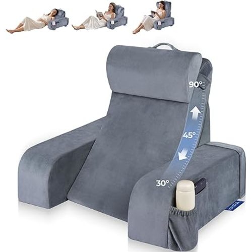 Reading Pillow with 30-90° Stepless Adjustable Angle & Height, 2 in 1 Back Wedge Pillow for Bed Sitting up with Detachable Arms Rest, Backrest Pillow for Reading/Gaming/Working in Bed or Couch, Medium