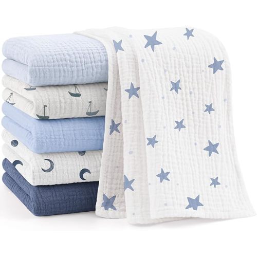 Bearmoss 6 Pack Muslin Burp Cloths for Baby, 100% Cotton Soft Large Burping Cloths for Unisex, Boy, Girl, 23.6" X 23.6" Newborn Essentials Absorbent Milk Spit Up Rags (Blue)