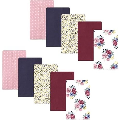 Hudson Baby Unisex Baby Cotton Poly Flannel Burp Cloths, Blush Navy Floral 10-Pack, One Size
