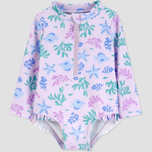 Carter's Just One You® Baby Girls' Sea Life Long Sleeve Rash Guard One Piece Swimsuit - Purple 3M