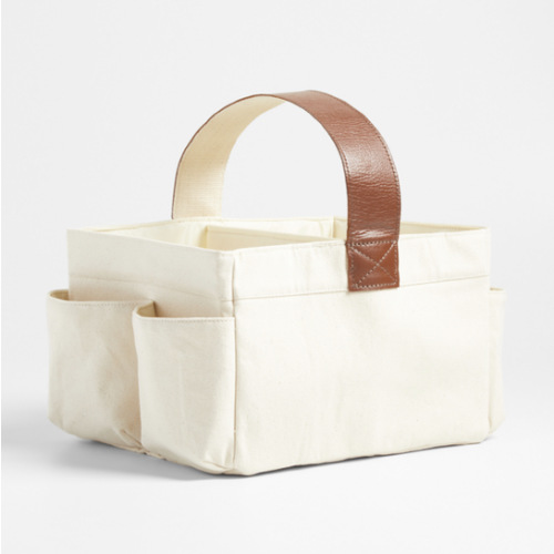 Canvas Diaper Caddy Organizer with Brown Leather Handle