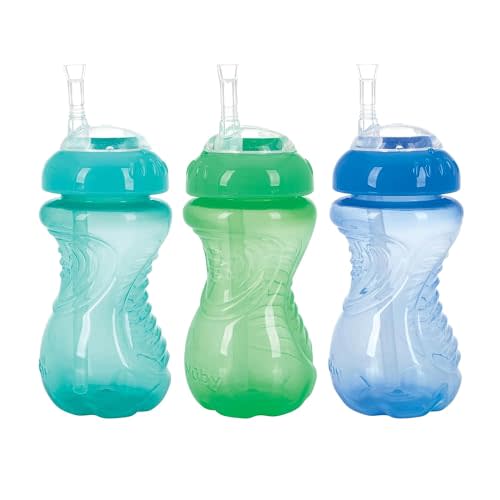 Nuby 3 Pack No Spill Flex Straw Toddler Sippy Cups - Toddler Cups Spill Proof with Easy and Firm Grip - Green, Blue, Aqua