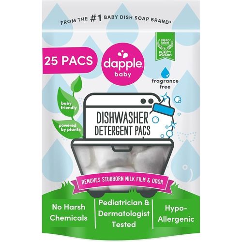 Dapple Baby Dishwasher Pacs, Hypoallergenic Dishwasher Pods Powered by Plants, Removes Milk Residue & Odor on Dishes, Baby Bottles & Kitchenware, Fragrance Free, 25 Count (Pack of 1)