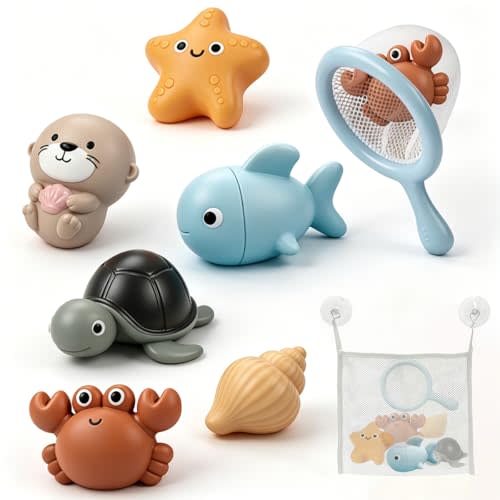 7PCS No Hole Mold Free Baby Bath Toys with Ocean Animals, Sealed Bathtub Toys for Infant with Spoons and Storage Bag, Soft, Float and Squeezeable Water Toy for Shower, Pool and Beach, Gift for 6-12M+