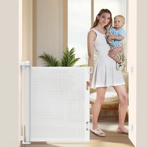 55 inch Retractable Baby Gates, EZIGO Extra Wide Baby Gate for Large Opening Extra Long Mesh Gate for Kids or Pet Dog Gate Child Safety Gate for Stairs Hallways Doorway Indoor Outdoor, White