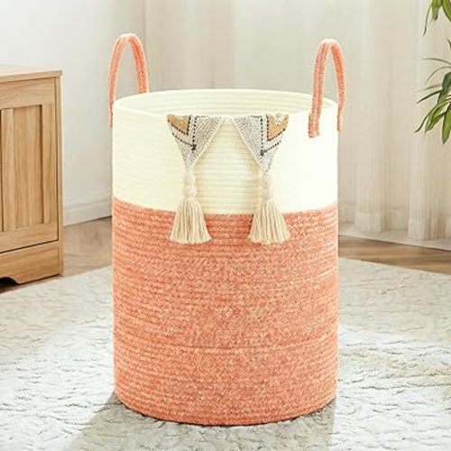 Laundry Basket,Woven Cotton Rope Laundry Hamper,60L for Decor Storage of Dirty Clothes,Toys and Blankets in Bathroom,Baby Room and Living Room
