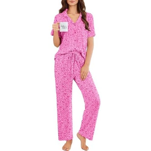 Ekouaer Pajamas for Women Set Button Up Sleepswear 2 Piece Short Sleeve PJ Top and Long Pants Loungwear With Pocket S-XXL