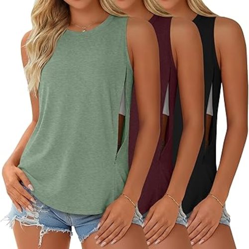 3 Pack Women's Nursing Tank Tops Hidden Zippers Sleeveless Shirts Breastfeeding Crew Neck Loose Maternity Tops