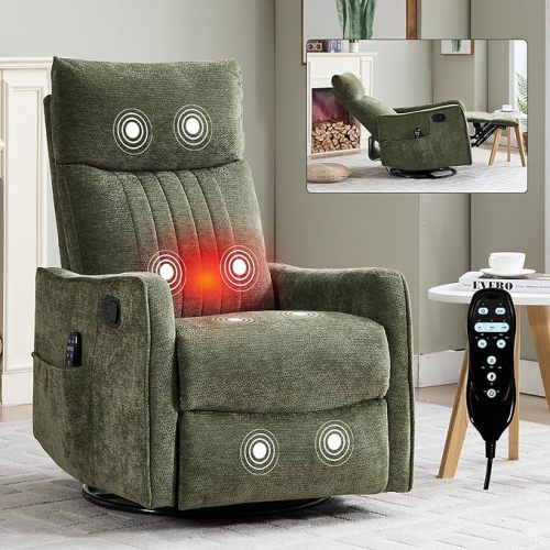 KEIKI Swivel Rocker Recliner Chair with Massage and Heated Pad for Nursery, Soft Fabric Glider with 360 Degree Rotation and Manual Recline