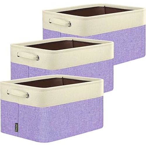 BALEINE 3 Pack Fabric Storage Bins for Shelves, Linen Storage Baskets for Organizing, Decorative Closet Bins for Clothes, Home (Lavender, 14''x10''x8.5'')