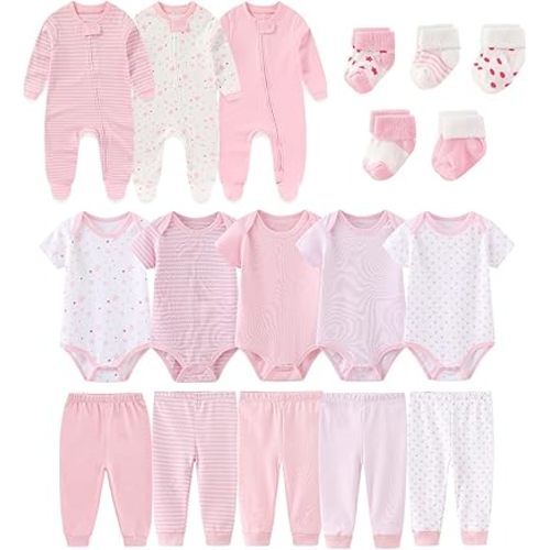 falianni Unisex Baby 18-Piece Layette Set,New Born Clothing,0-12M | 18‑Pack Infant Boys & Girls Outfits,Bodysuits,Pants,Footed Rompers,Hats,Socks,Snap Closure,Short & Long Sleeves Neutral